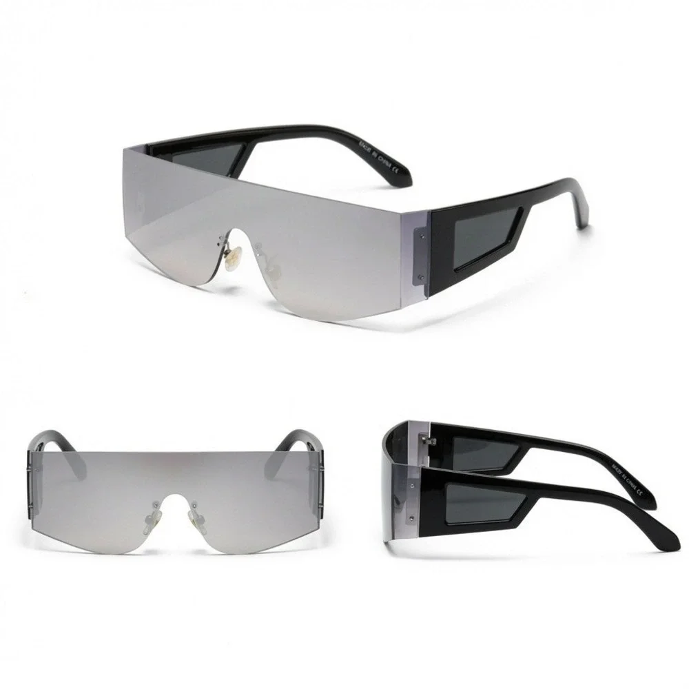 Mens Futuristic Shield Sunglasses Black Silver Mirror Wrap‎ Around Cyber Shades